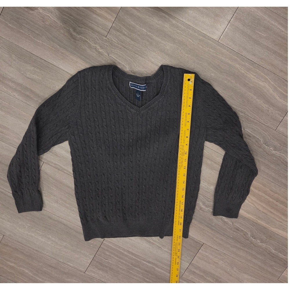 Karen Scott Womens Charcoal Grey Cable Knit V-Neck Cotton Sweater Size L